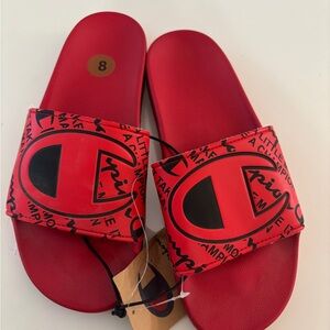 Champion Red and Black Slide Sandals with Logo